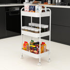 3-Tier Metal Utility Rolling Cart, Multi-Functional Storage Trolley for Office, Living Room, Kitchen, Movable Storage Organizer with Wheels, White