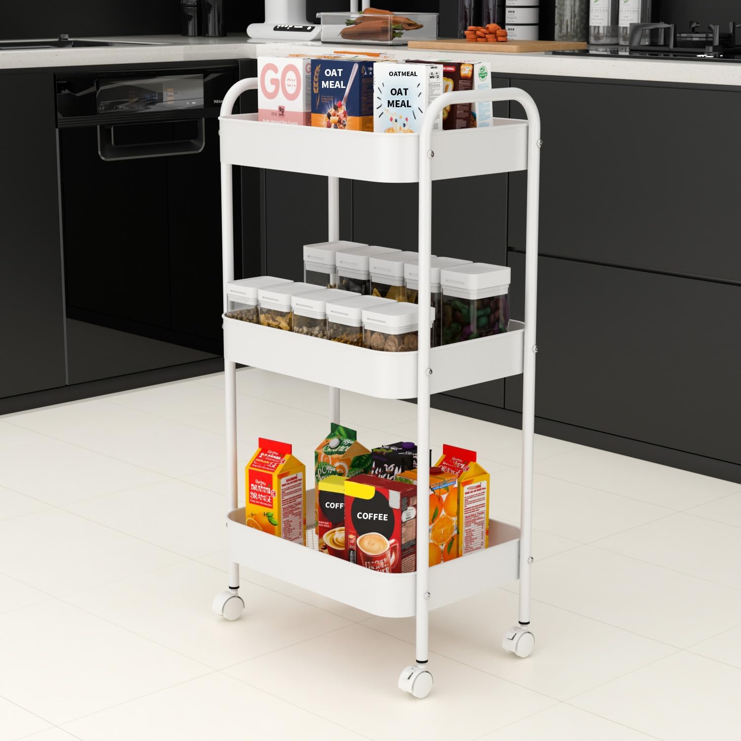 3-Tier Metal Utility Rolling Cart, Multi-Functional Storage Trolley for Office, Living Room, Kitchen, Movable Storage Organizer with Wheels, White