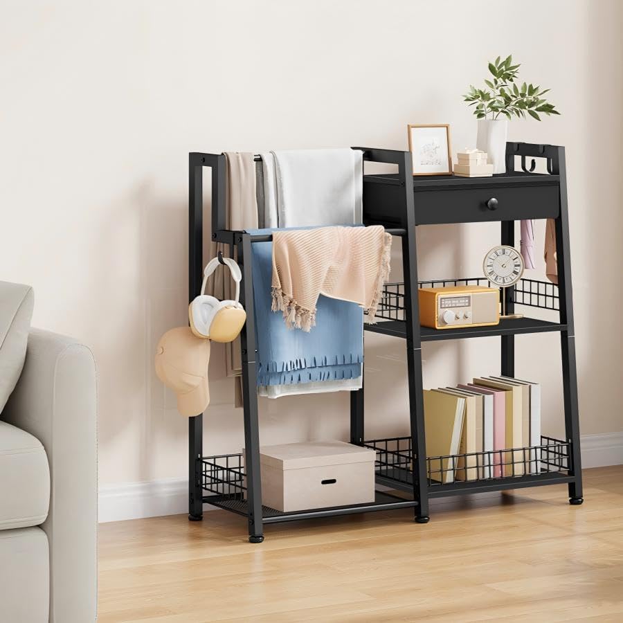 Gewudraw 2-in-1 Bathroom Ladder Shelf with Towel Rack&Storage Drawer, Black | 3-Tier Bathroom Organizers and Storage with Hooks, Bathroom Towel Storage, Towel Shelf for Laundry Room, Living Room, Balcony