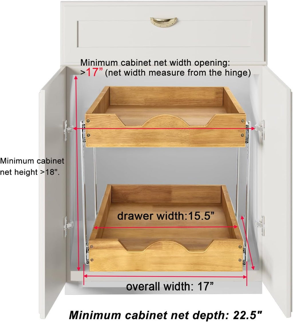 DINDON 2 Tier Pull Out Cabinet Organizer (17" W x 21" D) Wood And Metal Double Tier Slide Out Wood Drawer Under Cabinet Storage And Organization