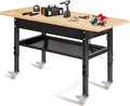 48"/60'' Adjustable Workbench, Rubber Wood Top Work Bench Heavy-Duty Work Table with Power Outlet, Wheels, Partition 2000 LBS Load Capacity Hardwood Work Benches for Garage, Workshop, Home, Office