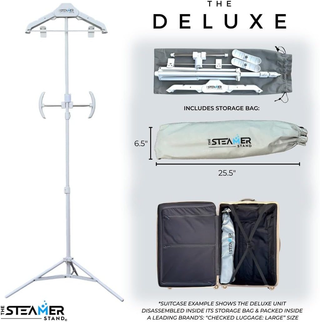 Deluxe | Adjustable Standing Garment Steaming Rack with Hanger | Fast, Foldable, Portable Clothes Steam Ironing Solution for Travel & Home