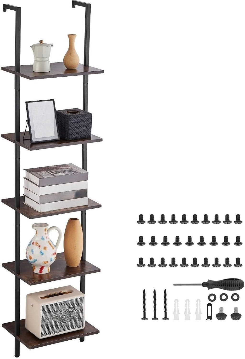 5-Tier Wall Mount Ladder Bookshelf 15.6x11.8in, Black Open Storage Rack with Metal Frame, Multipurpose Sundries Holder for Kitchen Bedroom Bathroom Living Room