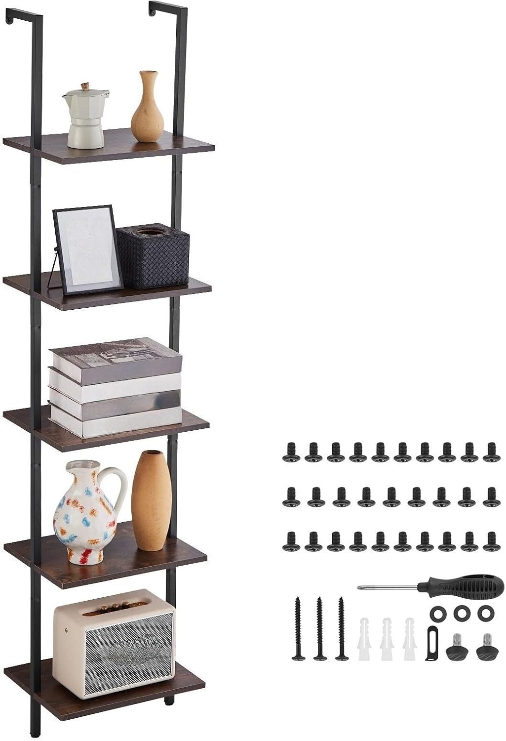 5-Tier Wall Mount Ladder Bookshelf 15.6x11.8in, Black Open Storage Rack with Metal Frame, Multipurpose Sundries Holder for Kitchen Bedroom Bathroom Living Room