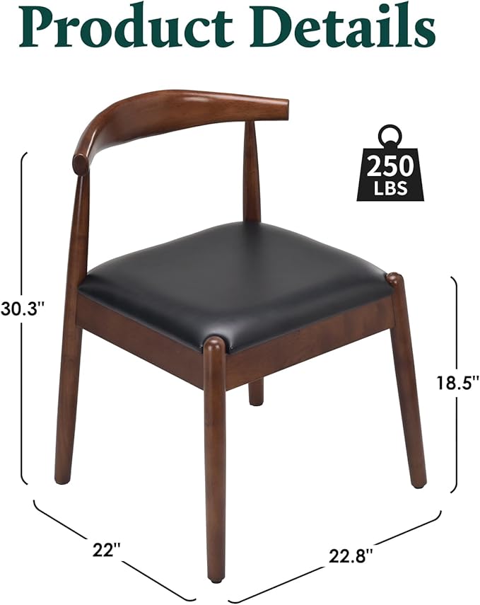 Farini Mid Century Modern Dining Chairs Set of 2, Solid Wood Frame Kitchen Chairs with PU Leather Upholstered Seat for Dining Room & Breakfast Nook，Walnut-Black