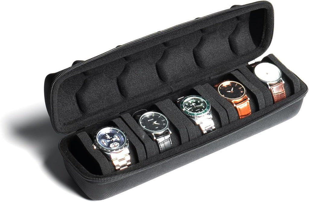 Hard Watch Travel Case, 5 slot Watch Roll Case Storage and Organizer for Men and Women, with anti-move watch pillow