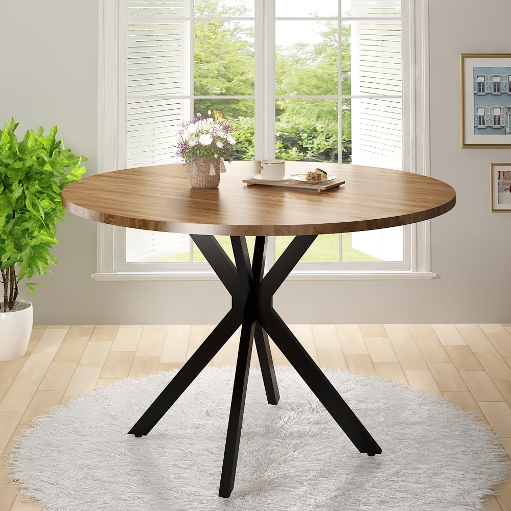 DKLGG Walnut Round Dining Table, Mid-Century Modern Round Dining Table for 4-...