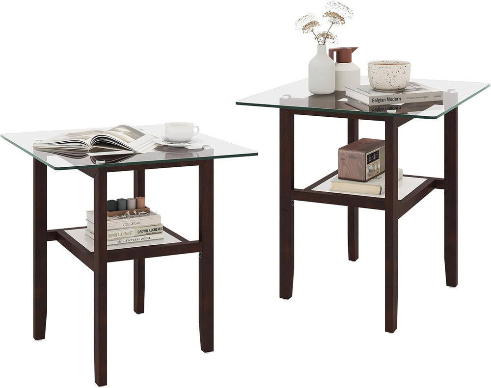 Giantex Glass End Table Set of 2, 24" Square Side Tables with Storage Sh...