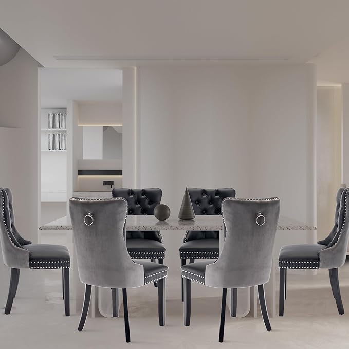 Leather Upholstered Dining Chairs Set of 6, Modern Style Kitchen Side Chairs with Nailhead Trim and Wood Leg, Metal Pulling Ring for Dining Room Living Room(Black&Grey,Set of 6)