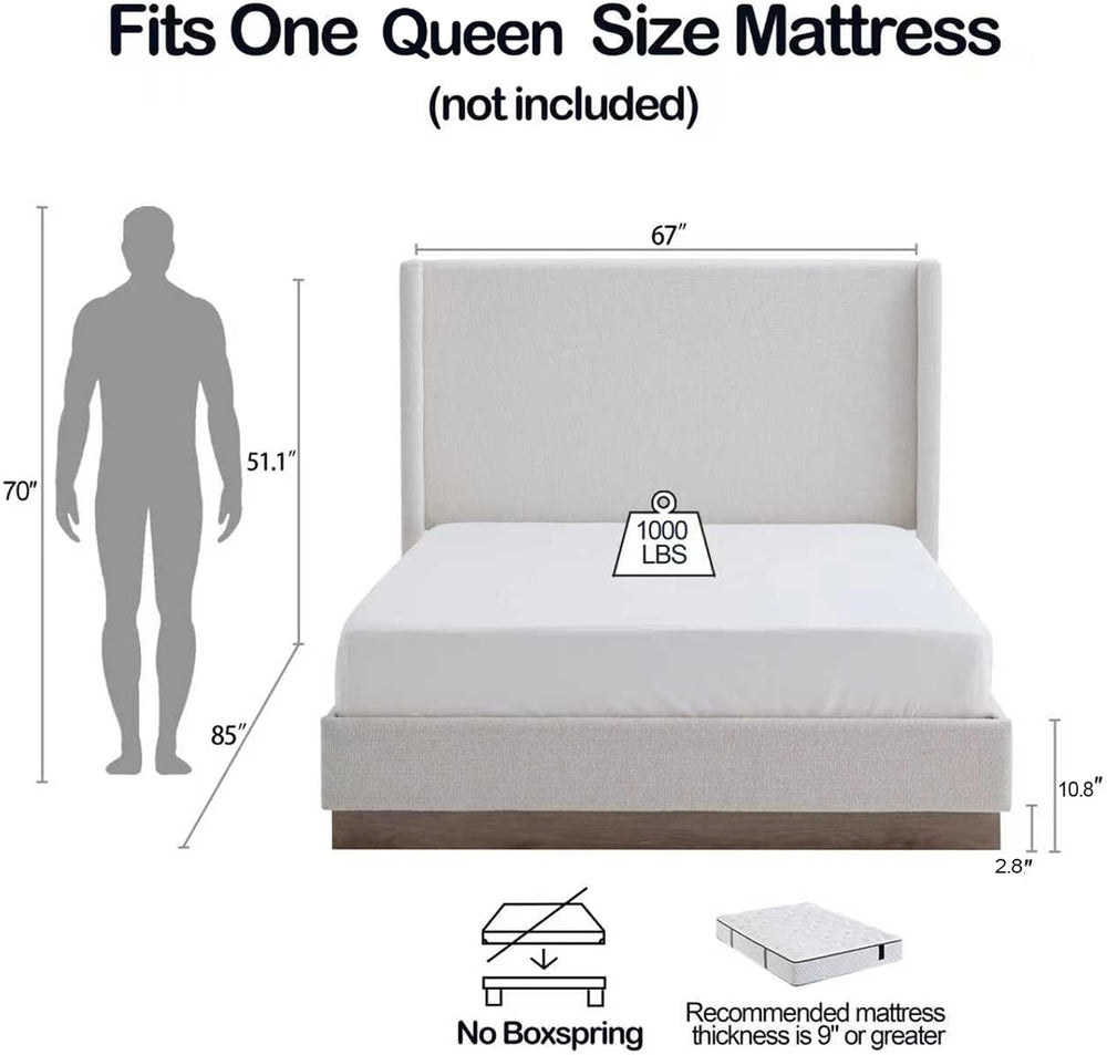 Peanu Queen Bed Frame, Wingback Upholstered Headboard, Cream White
