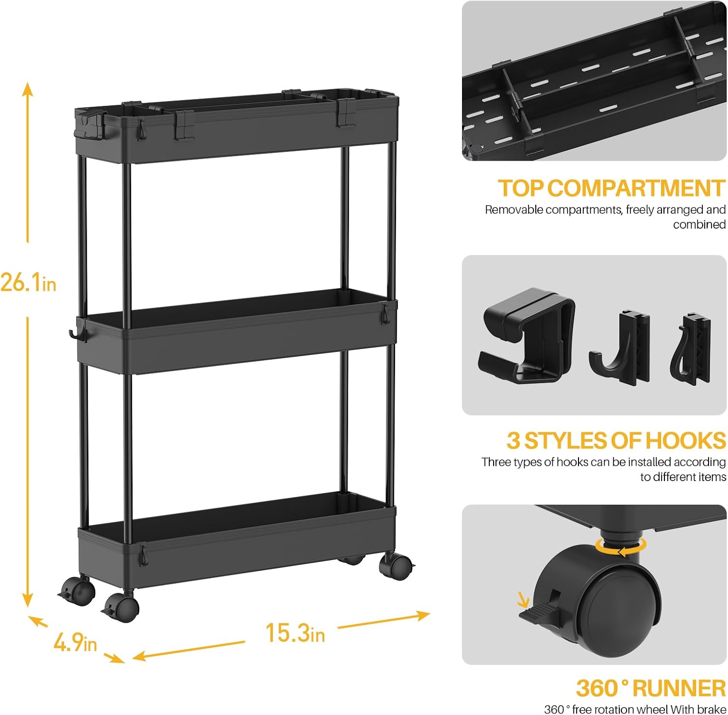 SPACELEAD Slim Storage Cart 3 Tier,Bathroom Organizer Rolling Utility,Mobile Shelving Unit Slide Out for Office, Kitchen, Laundry Room & Narrow Places,Black