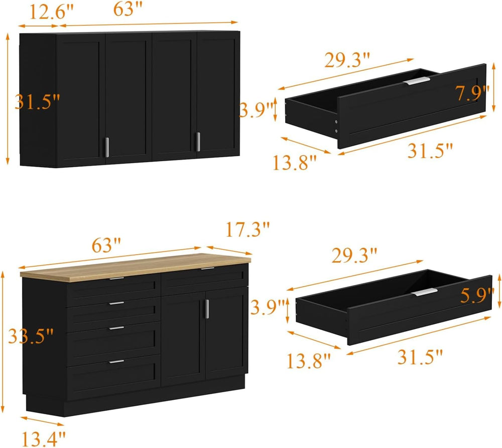 Kitchen Cabinet Set with 5 Drawers and Shelves, Wall-Mounted Pantry Cabinet S...