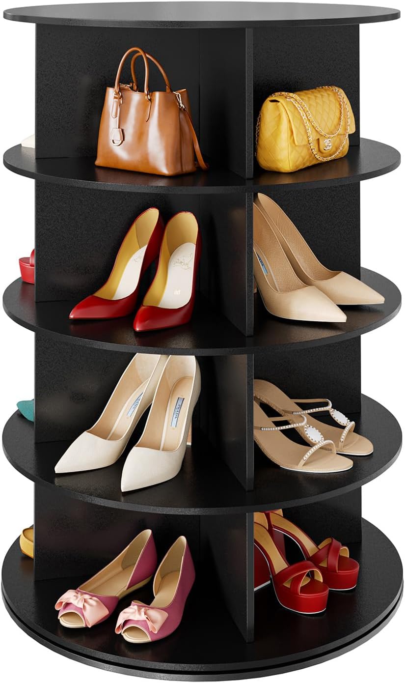 SpaceAid 4 Tier Rotating Shoe Rack Tower, Spinning Shoe Display Lazy Susan, Revolving 360 Shoe Rack Storage Round Carousel, Vertical Handbag Rotate Shoes Closet Organization (4-Tier Black)