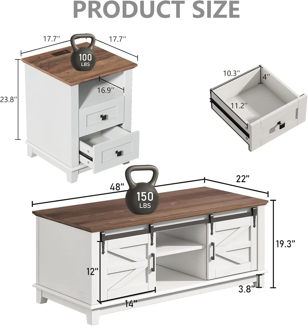 LUXOAK Farmhouse Table Set of 3, Coffee Table with Sliding Barn Doors, End Ta...