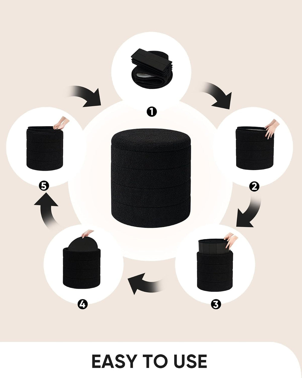 B FSOBEIIALEO Folding Storage Ottoman, Round Sherpa Ottomans, Black | 16.9&qu...