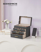 SONGMICS Jewelry Box Organizer with Glass Lid, 4-Layer Jewelry Storage, with 3 Drawers, Modern Style, Christmas Gift, 6 x 9.9 x 8.5 Inches, Gray and Gold Color UJBC161C01