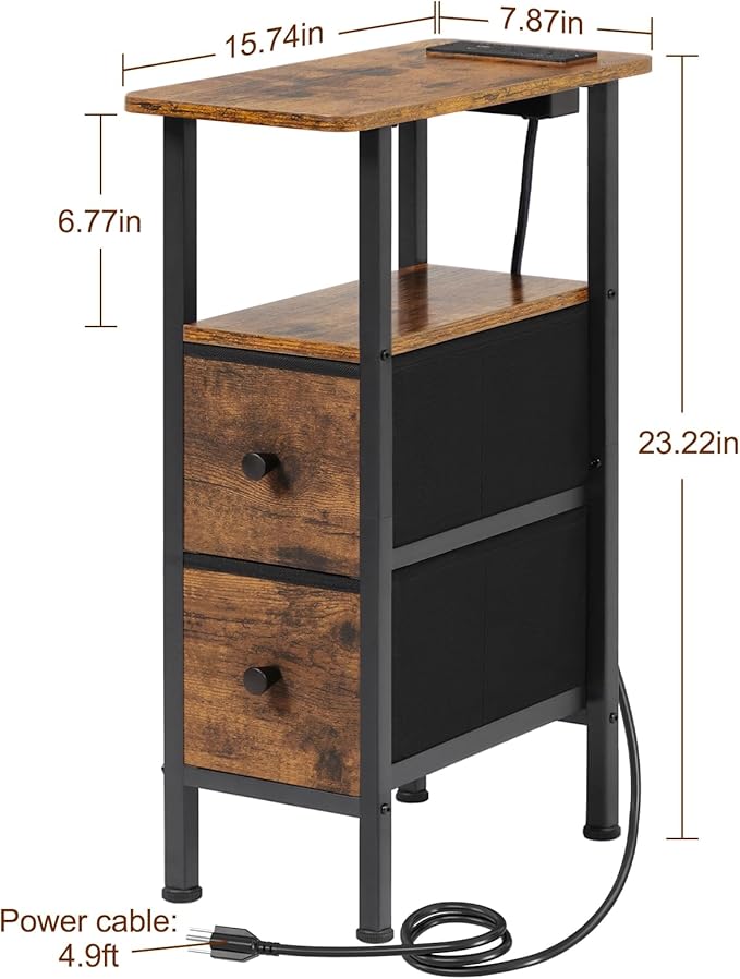 Narrow End Tables Living Room Set of 2 with Charging Station, Skinny Side Tab...