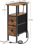 Narrow End Tables Living Room Set of 2 with Charging Station, Skinny Side Table with Fabric Drawers, Slim Nightstand for Bedroom, Small Spaces, Couch, Brown, HETNDP02BR