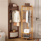 Bamboo Corner Coat Rack, Floor-Standing Clothing Rack with Hooks(Brown) | Storage Rack with Corner Shelves, Multifunctional Coat Stand for Living Room, Entrance, and Bedroom