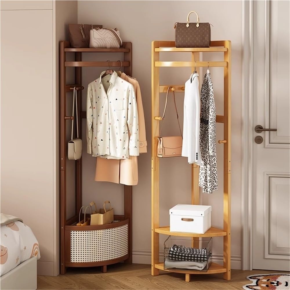 Bamboo Corner Coat Rack, Floor-Standing Clothing Rack with Hooks(Brown) | Storage Rack with Corner Shelves, Multifunctional Coat Stand for Living Room, Entrance, and Bedroom