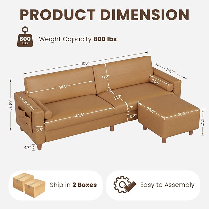 Vesgantti 100" Faux Leather Sofa with Movable Ottoman, Large 2 Seater L Shaped PU Leather Couch with Side Pocket, Comfy Mid Century Modern Modular Sectional Sofa for Living Room, Apartment, Camel