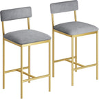 IDEALHOUSE Elegant Bar Stools Set of 2 - with Backrest and Footrest | Gold & Velvet Grey Upholstery, 65cm Counter Height, Metal Frame - Perfect for Kitchen Island & Counter - Two Pack Bar Chairs