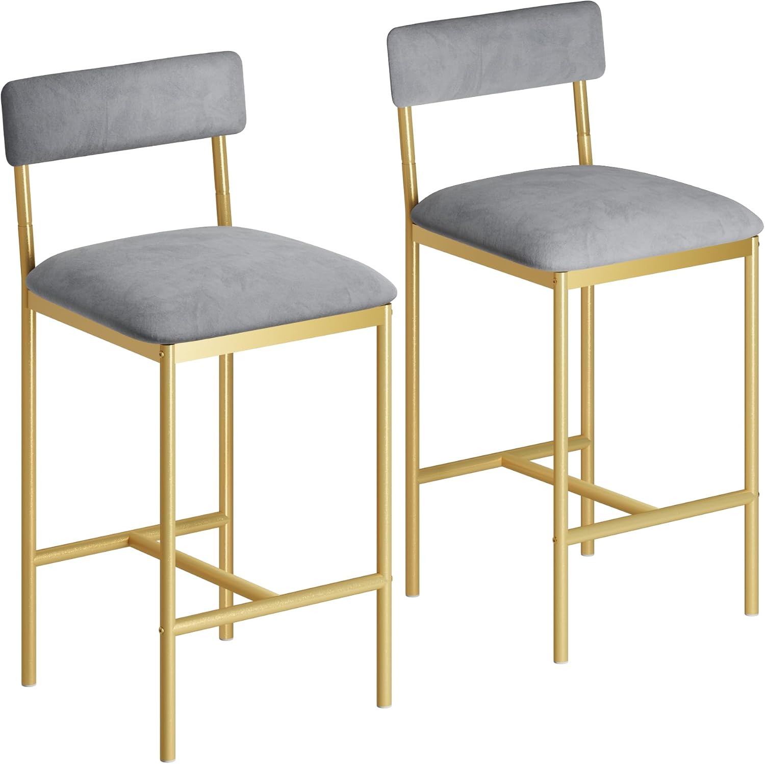 IDEALHOUSE Elegant Bar Stools Set of 2 - with Backrest and Footrest | Gold & Velvet Grey Upholstery, 65cm Counter Height, Metal Frame - Perfect for Kitchen Island & Counter - Two Pack Bar Chairs