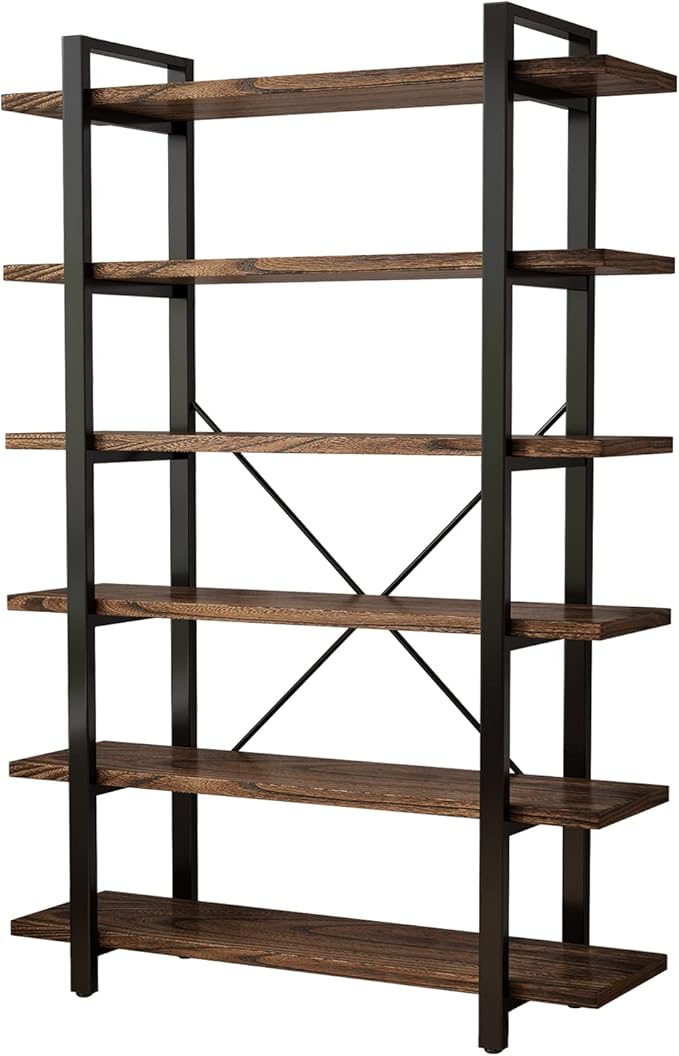 Solid Wood Bookcase and Book Shelves Wood and Metal Shelving Unit 6 Tier Book...