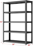39" W Garage Shelving,5-Tier Heavy Duty Shelving Unit,3000LBS Adjustable Metal Storage Shelves,Storage Rack Units for Industrie,Shed,Warehouse,Basement,Black,39" W x 18" D x 72" H