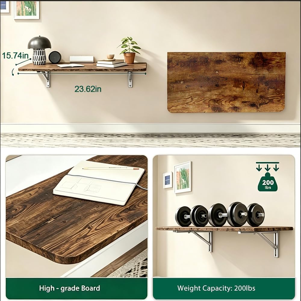 Rustic Wall Mounted Folding Table, Solid Wood Floating Desk with Stainless St...