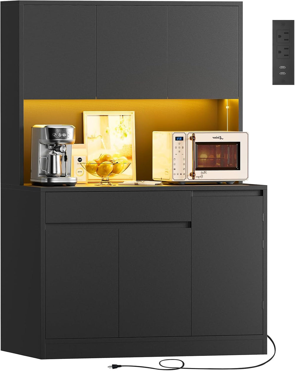 TEENFON Pantry Cabinet with Charging Station and LED Light, Kitchen Pantry Ca...