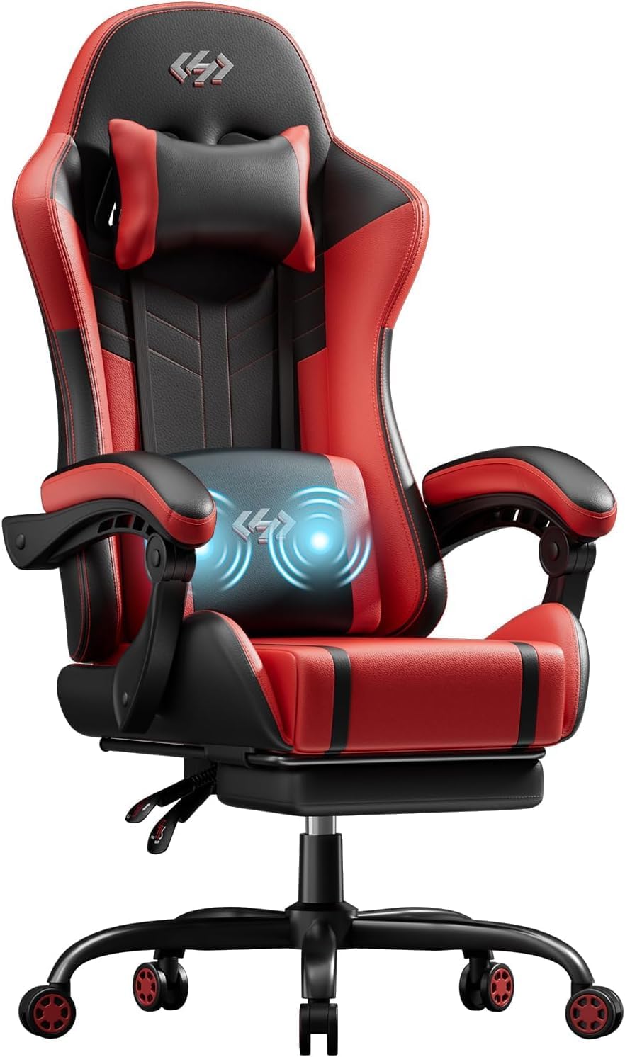 HLDIRECT High Back Gaming Chair, USB Massage Lumbar Support, Black&Red | ...
