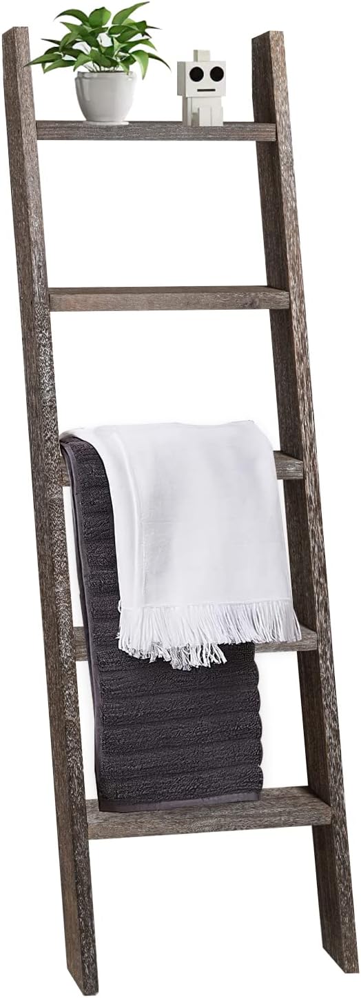 Natsukage Rustic Wooden Blanket Ladder - Farmhouse Decorative Ladder Shelf for Living Room, Bathroom, Bedroom (63" x 22", Rustic Walnut)