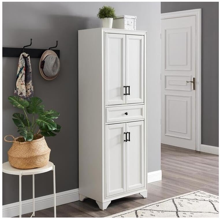 Maykoosh Pantry Cabinet - Distressed White Kitchen Storage - Adjustable Shelv...