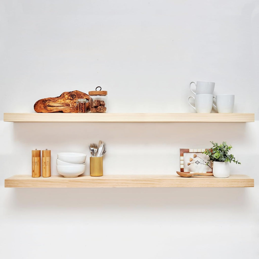 Homeforia 60 inch Natural Floating Shelf, High End Solid Real Wood 60inch Small Floating Shelves for Wall Mounted, Natural Wooden Floating Shelves, Heavy Duty Bracket, 60 X 6.5 X 1.75 in, Set of 2