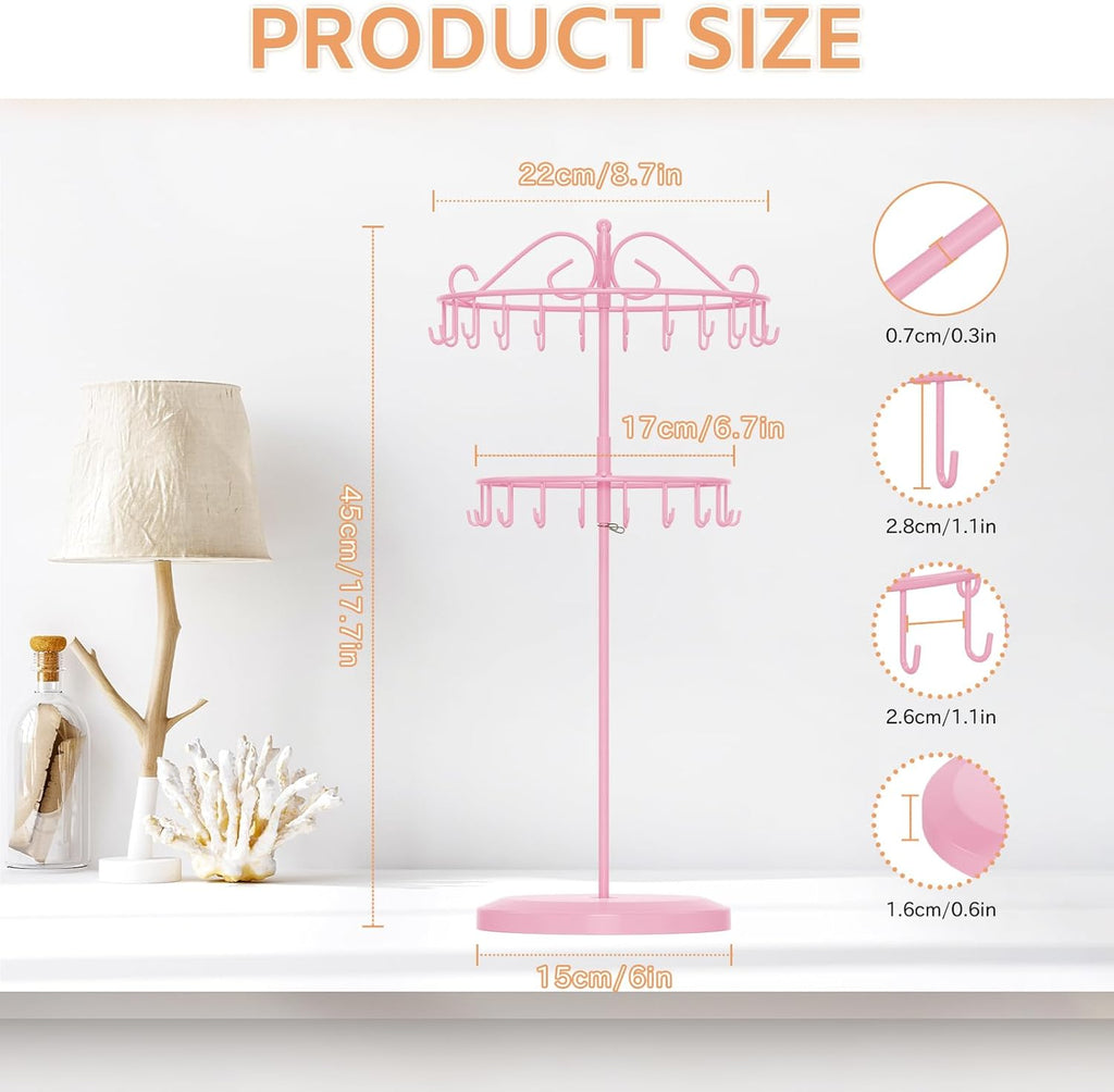 iDavosic.ly 2 Tier Rotating Necklace Holder Organizer with 42 Hooks, Adjustable Metal Bracelet Display Stand Rack, Extra Tall Keychain Spinning Tree Tower for Women, Pink