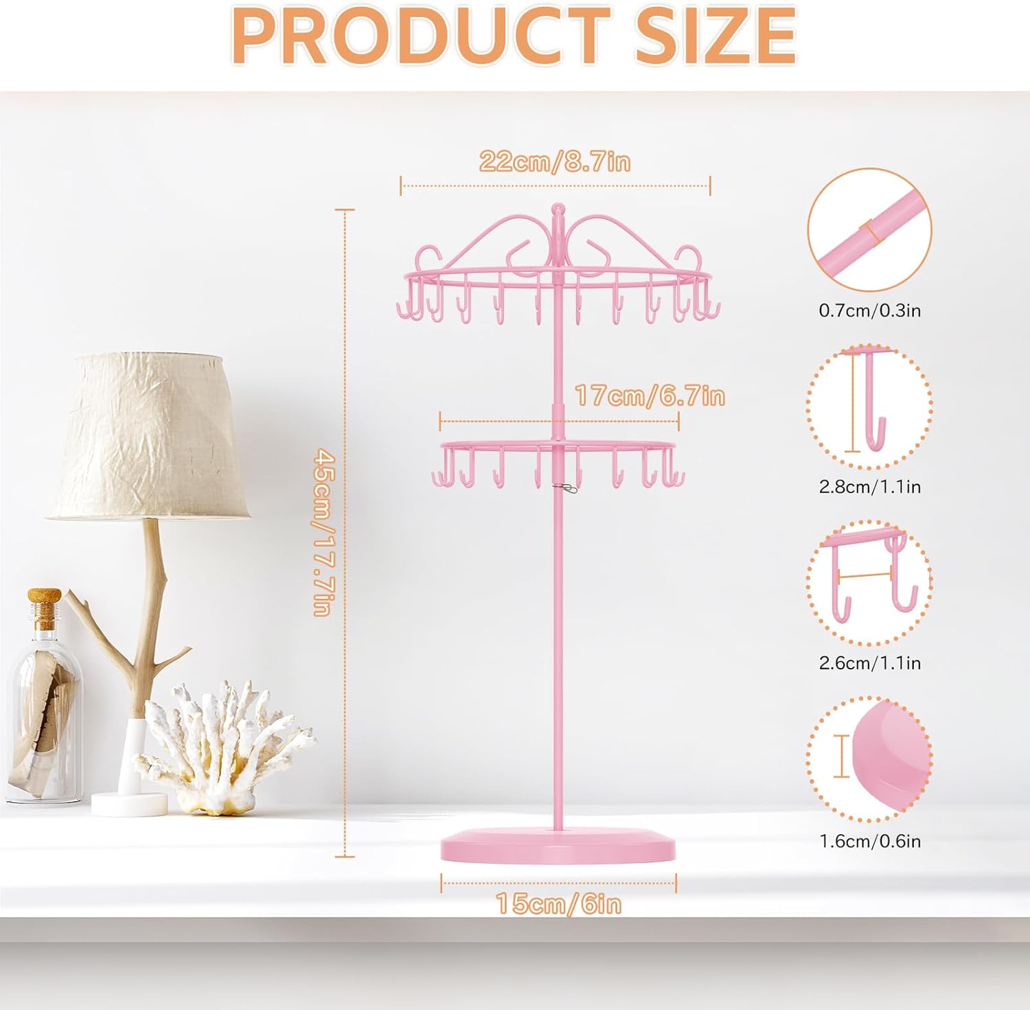 iDavosic.ly 2 Tier Rotating Necklace Holder Organizer with 42 Hooks, Adjustable Metal Bracelet Display Stand Rack, Extra Tall Keychain Spinning Tree Tower for Women, Pink