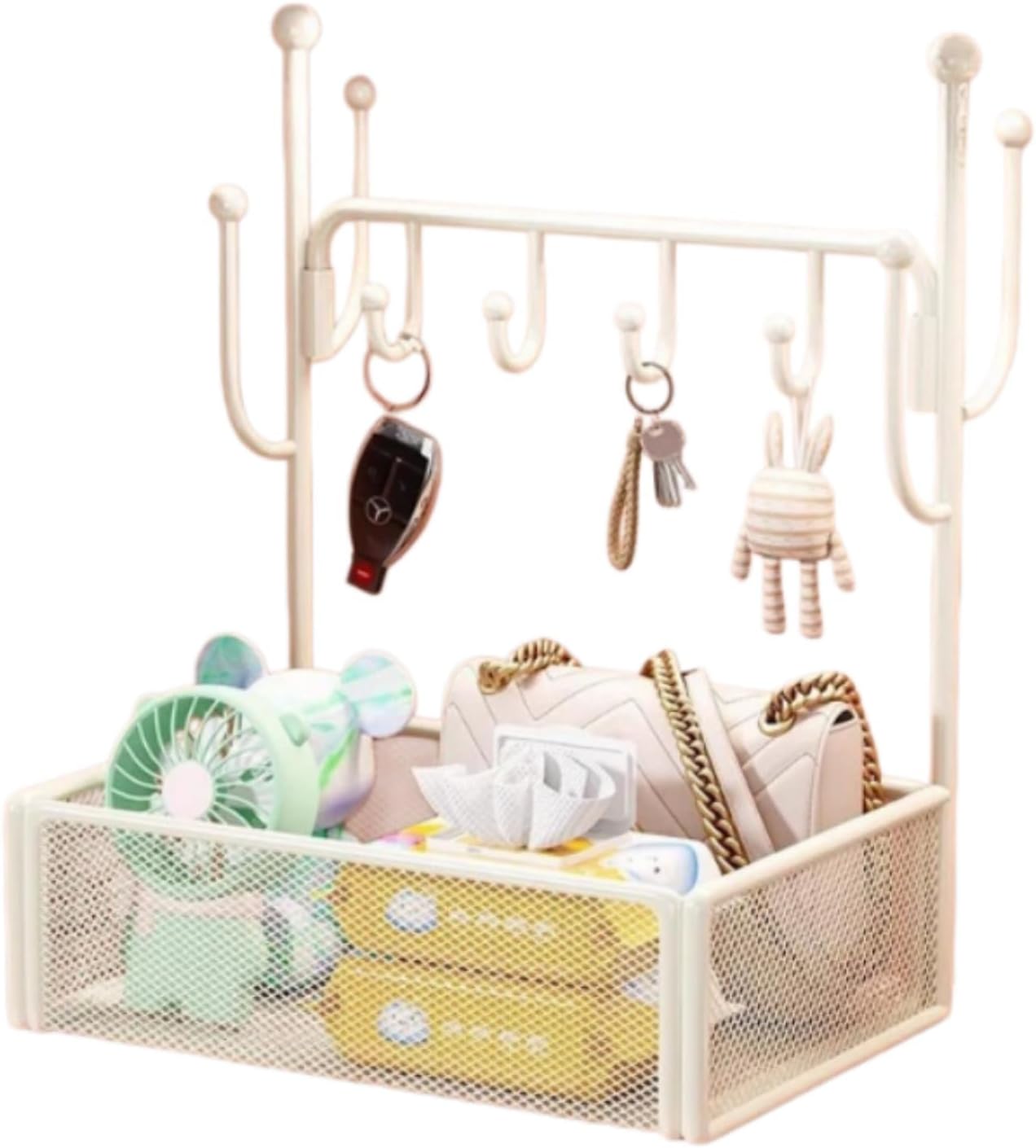 Tabletop Key Holder Organizer with Rattan Storage Basket, Multi Hooks Entryway Catchall Tray for Keys Jewelry Cosmetics Remote Control, Modern Metal Decor Rack in Small & Large Sizes, White Black Gold
