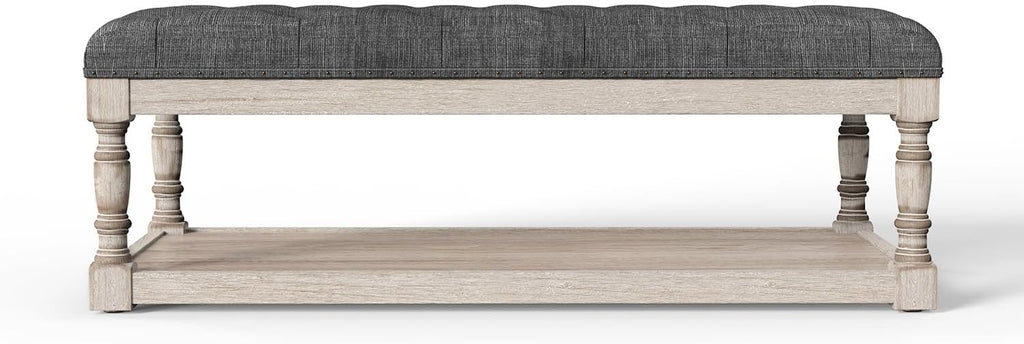 Ottoman Coffee Table, Large Rectangle Ottoman with Storage - Upholstered Cushioned Bench for Living Room, Tufted Linen Fabric with Solid Wood Shelf, Entryway Bench(Dark Gray)
