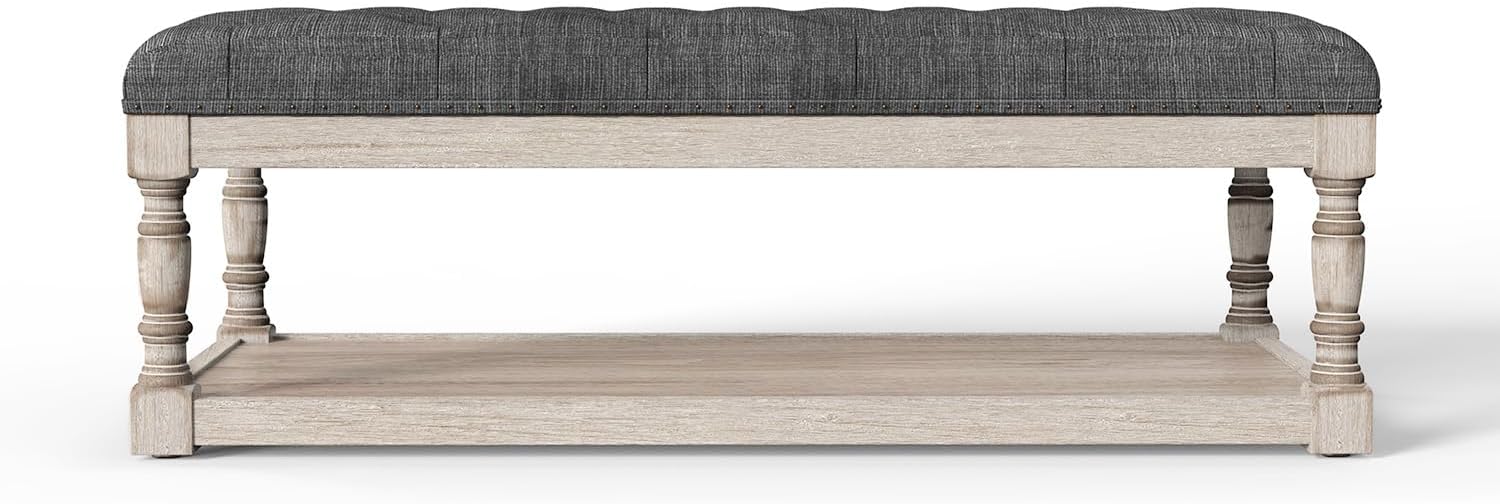 Ottoman Coffee Table, Large Rectangle Ottoman with Storage - Upholstered Cushioned Bench for Living Room, Tufted Linen Fabric with Solid Wood Shelf, Entryway Bench(Dark Gray)