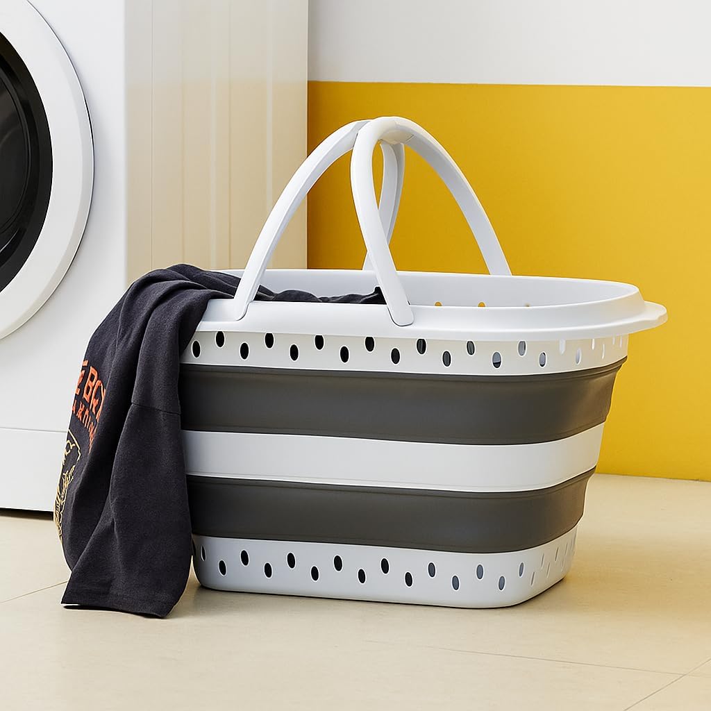 Collapsible Plastic Laundry Basket with Handles, 32L Foldable Large-Capacity Laundry Hamper, Pop Up Storage Organizer, Space Saving Hamper (32L / 8.45 Gallon, Grey)