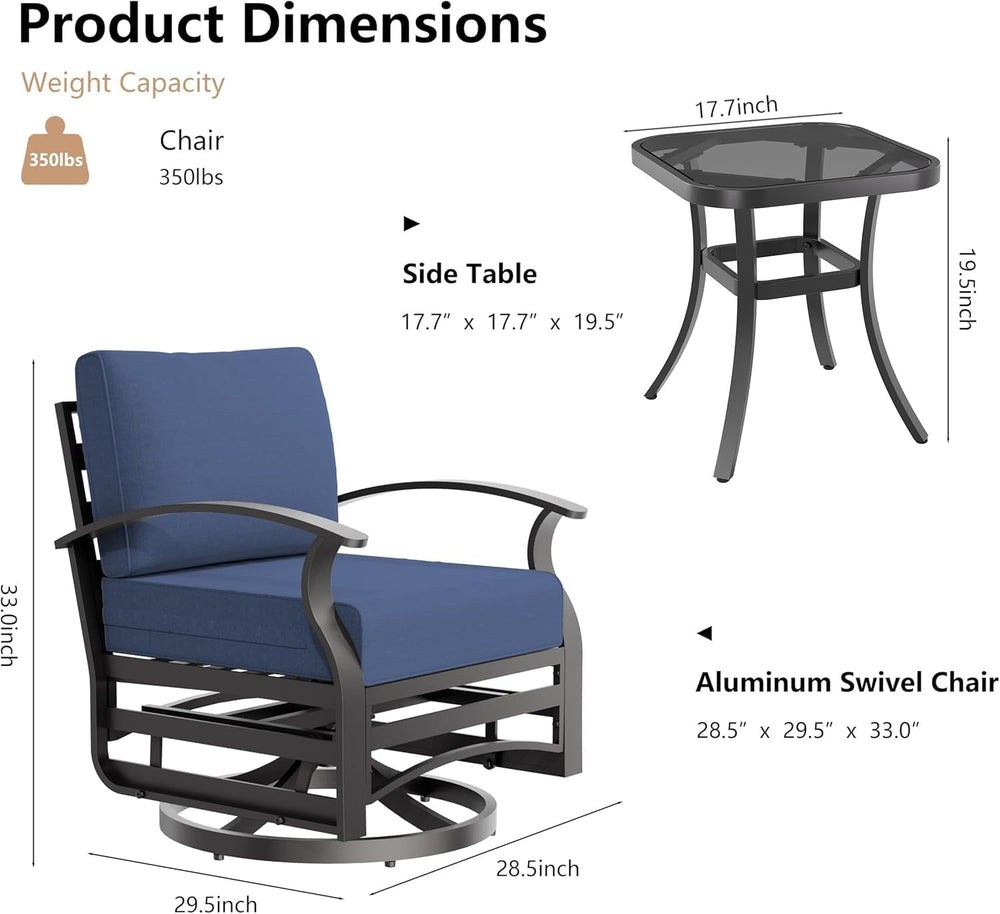 3 Piece Aluminum Swivel Rocking Chair Set, Outdoor Patio Swivel Gliders Chair...