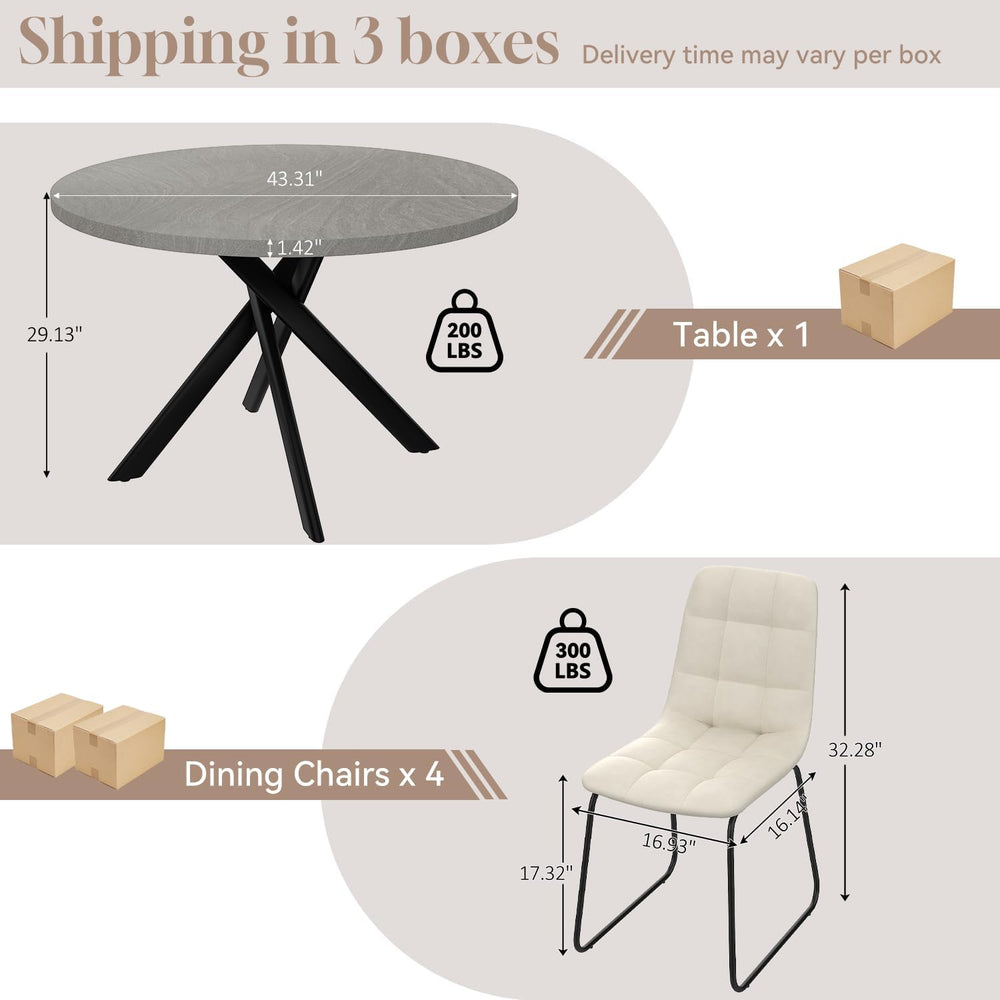 44" Round Dining Table Set for 4, Modern X-Shaped Metal Leg Table | Cush...