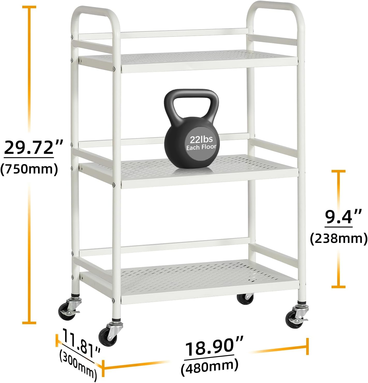 HDANI 3 Tier Rolling Cart,Heavy Duty Multifunctional Metal Frame-Supports 22 Lbs Per Tier,Rolling Cart with 2 Lockable Wheels for Office,Home,Bedroom,Kitchen,Bathroom (White)…