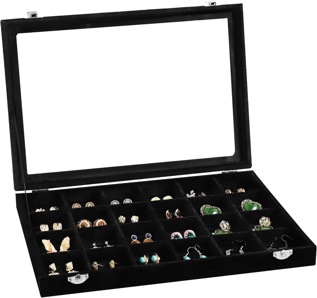 Wudygirl Jewelry Organizer 24 Grid Jewelry Tray with Clear Lid Velvet Jewelry Box Earrings Holder Organizer Jewelry Display Case (Black 24 Grid)