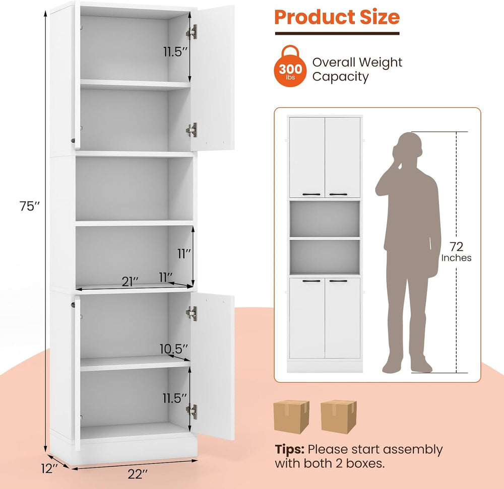 Kitchen Pantry Cabinet, Dining Room Cupboard with 4 Doors & 2 Open Counte...