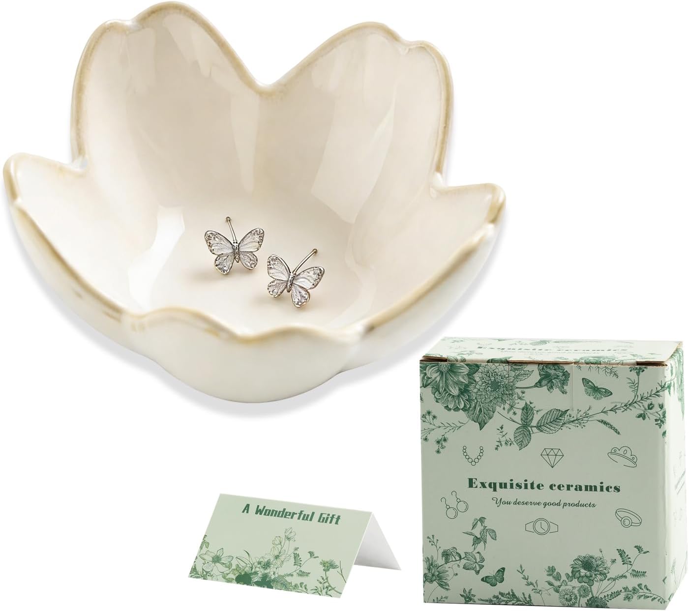 Mecaikru Ceramic Jewelry Tray, 3.5 in Flower Ring Dish with Gift Box & Card | Petal-shaped bowl keeps rings, earrings and small necklaces visible while helping prevent slipping.