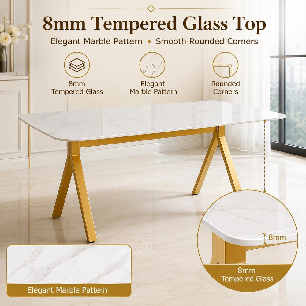 51.2 Inch Faux Marble Dining Table,Rectangular Glass Dining Table for 4-6,Whi...