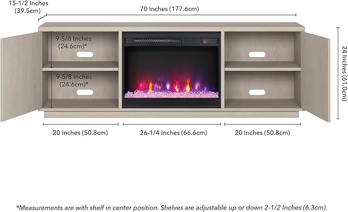 Henn&Hart Fluted TV Stand for TVs up to 75" with 26" Electric Crystal Rocks Fireplace and Ribbed Side Storage Cabinets for Living Room, Family Room, or Office, Beech White