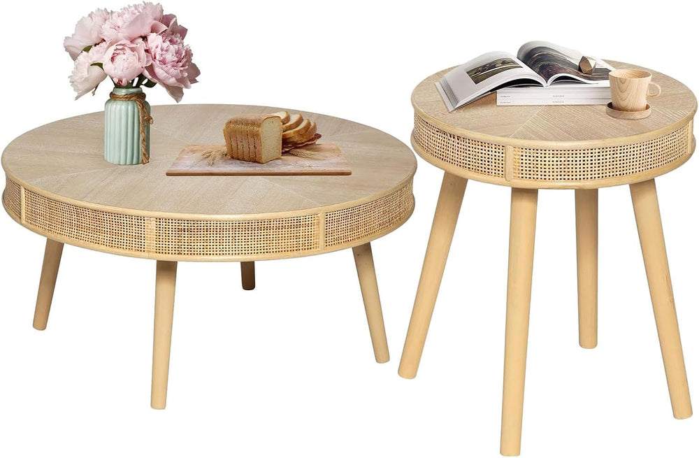 RUSTOWN 2-Piece Round Coffee Table Set with Rattan Accent, Soild Wood Leg, Fa...